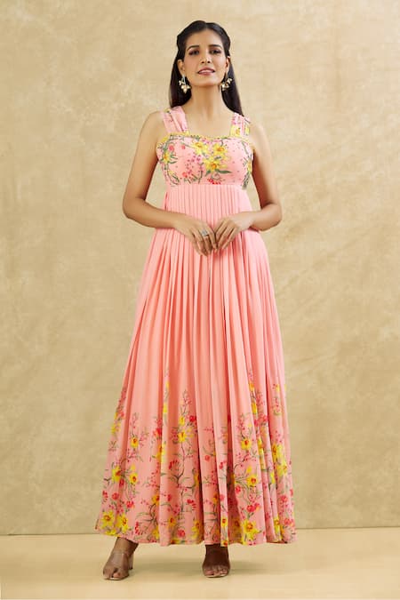 Buy_Keerthi Kadire_Peach Georgette Embroidery, Sequins, Beads Sweetheart Floral Print Maxi Dress _Online_at_Aza_Fashions