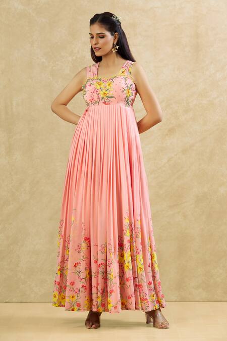 Shop_Keerthi Kadire_Peach Georgette Embroidery, Sequins, Beads Sweetheart Floral Print Maxi Dress _Online_at_Aza_Fashions