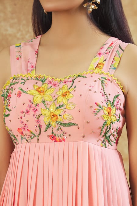 Keerthi Kadire_Peach Georgette Embroidery, Sequins, Beads Sweetheart Floral Print Maxi Dress _at_Aza_Fashions