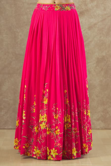 Keerthi Kadire Red Georgette Sequins, Embroidery, Beads Floral Print Blouse And Lehenga Set at Aza Fashions Keerthi Kadire_Red Georgette Sequins, Embroidery, Beads Floral Print Blouse And Lehenga Set _at_Aza_Fashions