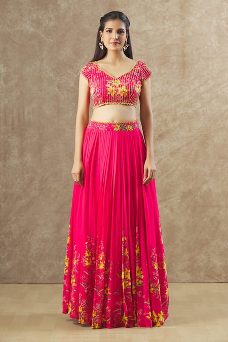 Keerthi Kadire Red Georgette Sequins, Embroidery, Beads Floral Print Blouse And Lehenga Set Online at Aza Fashions Keerthi Kadire_Red Georgette Sequins, Embroidery, Beads Floral Print Blouse And Lehenga Set _Online_at_Aza_Fashions