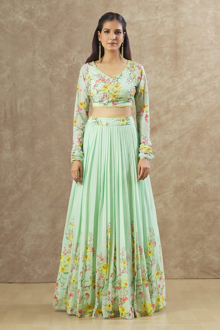 Keerthi Kadire Green Georgette Printed Floral V Neck Work Blouse And Lehenga Set Online at Aza Fashions Keerthi Kadire_Green Georgette Printed Floral V Neck Work Blouse And Lehenga Set _Online_at_Aza_Fashions