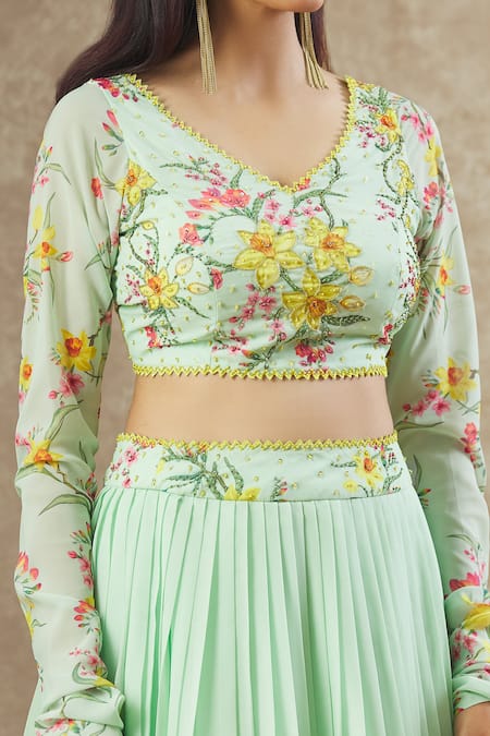 Buy Keerthi Kadire Green Georgette Printed Floral V Neck Work Blouse And Lehenga Set Online at Aza Fashions Buy_Keerthi Kadire_Green Georgette Printed Floral V Neck Work Blouse And Lehenga Set _Online_at_Aza_Fashions