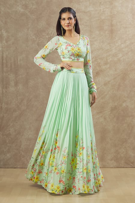 Shop Keerthi Kadire Green Georgette Printed Floral V Neck Work Blouse And Lehenga Set Online at Aza Fashions Shop_Keerthi Kadire_Green Georgette Printed Floral V Neck Work Blouse And Lehenga Set _Online_at_Aza_Fashions