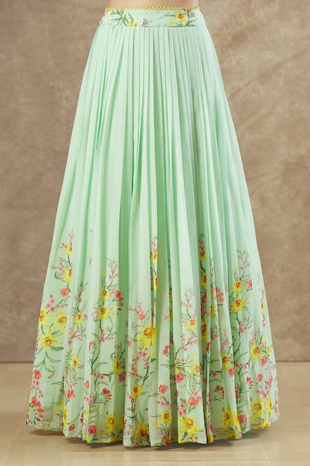 Keerthi Kadire Green Georgette Printed Floral V Neck Work Blouse And Lehenga Set at Aza Fashions Keerthi Kadire_Green Georgette Printed Floral V Neck Work Blouse And Lehenga Set _at_Aza_Fashions