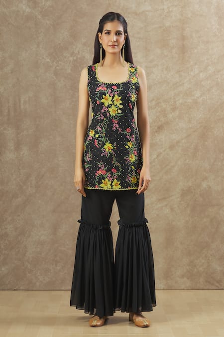 Keerthi Kadire_Black Georgette Embroidery, Sequins, Beads Round Floral Print Kurta Sharara Set _Online_at_Aza_Fashions