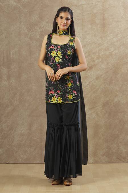 Buy_Keerthi Kadire_Black Georgette Embroidery, Sequins, Beads Round Floral Print Kurta Sharara Set _Online_at_Aza_Fashions
