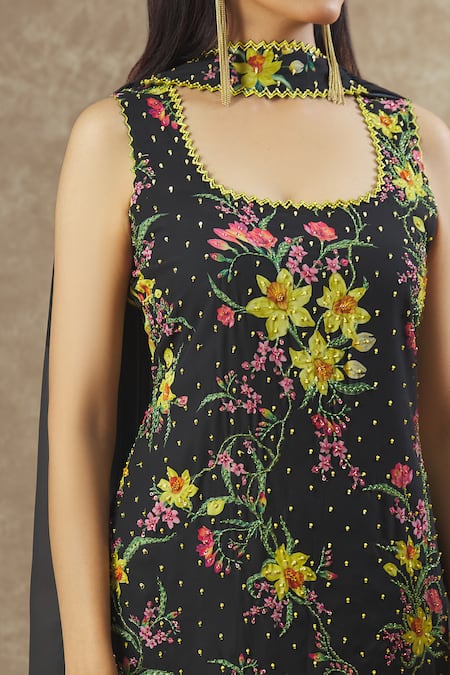 Shop_Keerthi Kadire_Black Georgette Embroidery, Sequins, Beads Round Floral Print Kurta Sharara Set _Online_at_Aza_Fashions