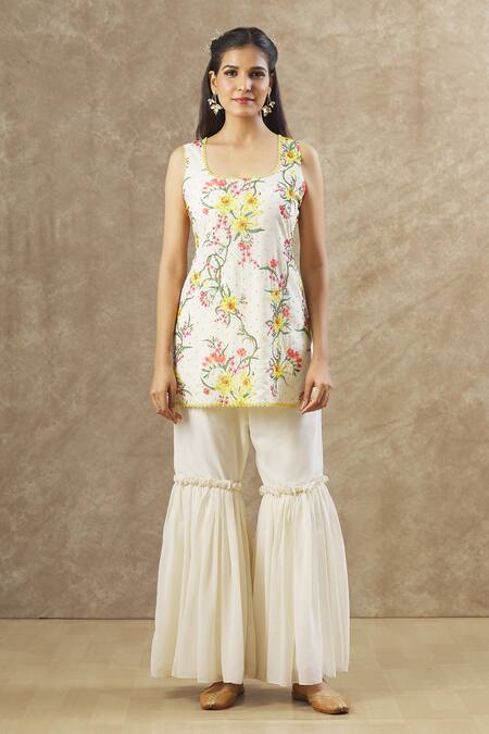 Keerthi Kadire_Off White Georgette Embroidery, Sequins, Beads Floral Pattern Kurta Sharara Set _Online_at_Aza_Fashions