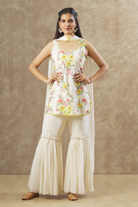 Buy_Keerthi Kadire_Off White Georgette Embroidery, Sequins, Beads Floral Pattern Kurta Sharara Set _Online_at_Aza_Fashions