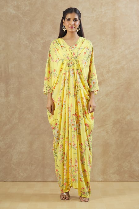 Keerthi Kadire_Yellow Georgette Sequins, Beads V-neck Floral Print Kaftan With Inner _Online_at_Aza_Fashions