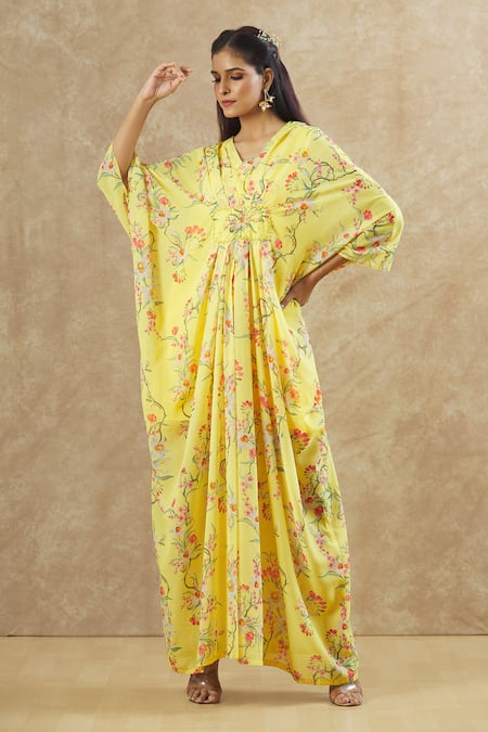 Buy_Keerthi Kadire_Yellow Georgette Sequins, Beads V-neck Floral Print Kaftan With Inner _Online_at_Aza_Fashions