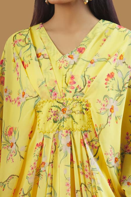 Shop_Keerthi Kadire_Yellow Georgette Sequins, Beads V-neck Floral Print Kaftan With Inner _Online_at_Aza_Fashions