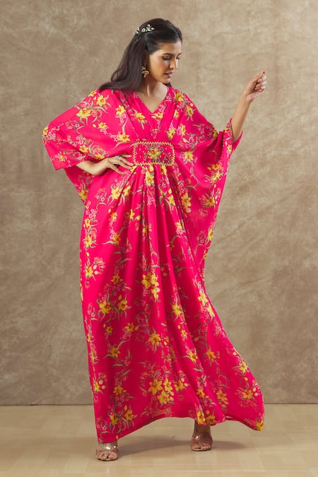 Buy_Keerthi Kadire_Pink Georgette Sequins V-neck Floral Pattern Kaftan With Inner _Online_at_Aza_Fashions
