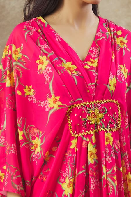 Shop_Keerthi Kadire_Pink Georgette Sequins V-neck Floral Pattern Kaftan With Inner _Online_at_Aza_Fashions