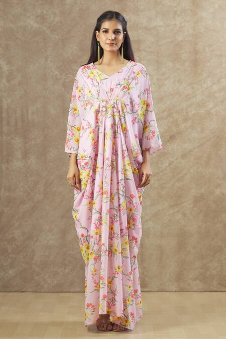 Buy_Keerthi Kadire_Red Georgette Embroidery, Sequins V-neck Floral Work Kaftan With Inner _Online_at_Aza_Fashions