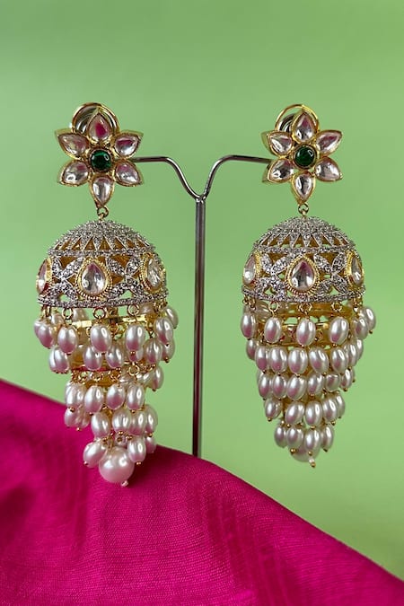 Nayaab By Sonia Gold Plated Badshahi Pearl Drop Tiered Jhumkas Online at Aza Fashions Nayaab By Sonia_Gold Plated Badshahi Pearl Drop Tiered Jhumkas _Online_at_Aza_Fashions