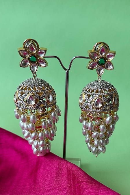 Buy Nayaab By Sonia Gold Plated Badshahi Pearl Drop Tiered Jhumkas Online at Aza Fashions Buy_Nayaab By Sonia_Gold Plated Badshahi Pearl Drop Tiered Jhumkas _Online_at_Aza_Fashions