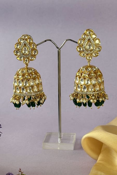 Shop Nayaab By Sonia Gold Plated Diamonds, Stones Johar Moissanite Polki Jhumkas Online at Aza Fashions Shop_Nayaab By Sonia_Gold Plated Diamonds, Stones Johar Moissanite Polki Jhumkas _Online_at_Aza_Fashions