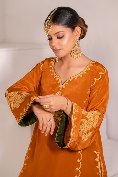 Buy Daljit Sudan Orange Crepe Embroidery, Piping Split V-neck Phiran And Drape Pant Set Online at Aza Fashions Buy_Daljit Sudan_Orange Crepe Embroidery, Piping Split V-neck Phiran And Drape Pant Set _Online_at_Aza_Fashions