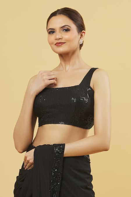 Samyukta Singhania Black Polyester Sequins Square Neck Embroidered Blouse at Aza Fashions Samyukta Singhania_Black Polyester Sequins Square Neck Embroidered Blouse _at_Aza_Fashions