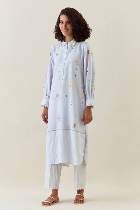Buy_Anantaa By Roohi_Purple Cotton Embroidery Collared Printed Shirt Kurta And Pant Set _Online_at_Aza_Fashions