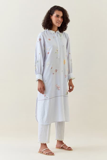 Shop_Anantaa By Roohi_Purple Cotton Embroidery Collared Printed Shirt Kurta And Pant Set _Online_at_Aza_Fashions