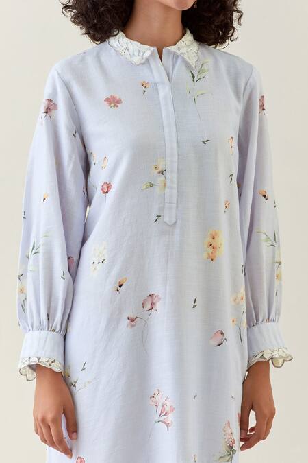 Anantaa By Roohi_Purple Cotton Embroidery Collared Printed Shirt Kurta And Pant Set _at_Aza_Fashions