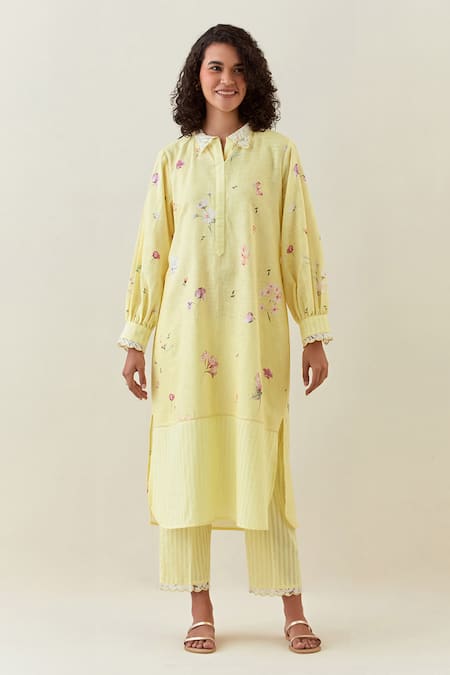 Anantaa by Roohi Cotton Linen Shirt Collar Kurta & Pant Set 