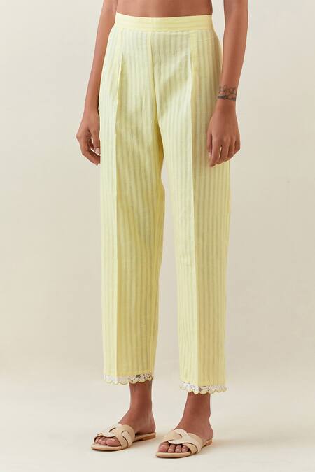 Anantaa By Roohi_Yellow Cotton, Linen, Net Embroidery Collared Shirt Kurta And Pant Set _Online_at_Aza_Fashions