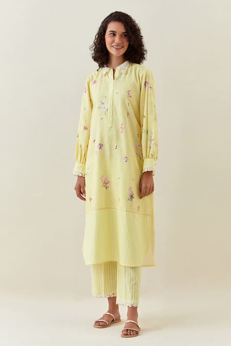 Buy_Anantaa By Roohi_Yellow Cotton, Linen, Net Embroidery Collared Shirt Kurta And Pant Set _Online_at_Aza_Fashions