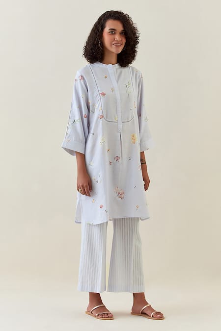 Shop_Anantaa By Roohi_Purple Cotton Embroidery Split V-neck Printed Kurta And Pant Set _Online_at_Aza_Fashions