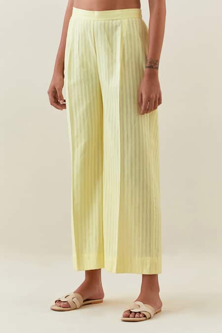 Anantaa By Roohi_Yellow Cotton, Linen Embroidery Split V-neck Kurta And Pant Set _Online_at_Aza_Fashions