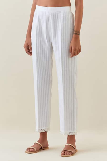 Anantaa By Roohi_White Cotton, Linen Collared Full Sleeve Printed Kurta And Pant Set _Online_at_Aza_Fashions