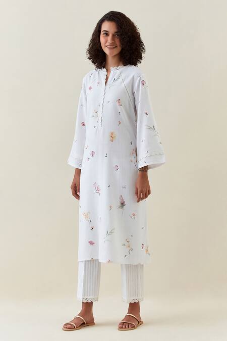 Buy_Anantaa By Roohi_White Cotton, Linen Collared Full Sleeve Printed Kurta And Pant Set _Online_at_Aza_Fashions
