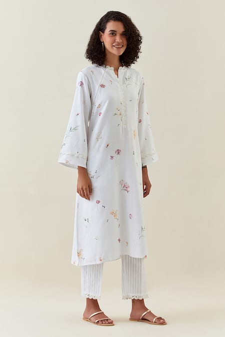 Shop_Anantaa By Roohi_White Cotton, Linen Collared Full Sleeve Printed Kurta And Pant Set _Online_at_Aza_Fashions