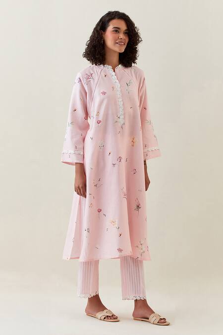 Shop_Anantaa By Roohi_Pink , Satin Embroidery Split Printed Full Sleeve Kurta And Pant Set _Online_at_Aza_Fashions