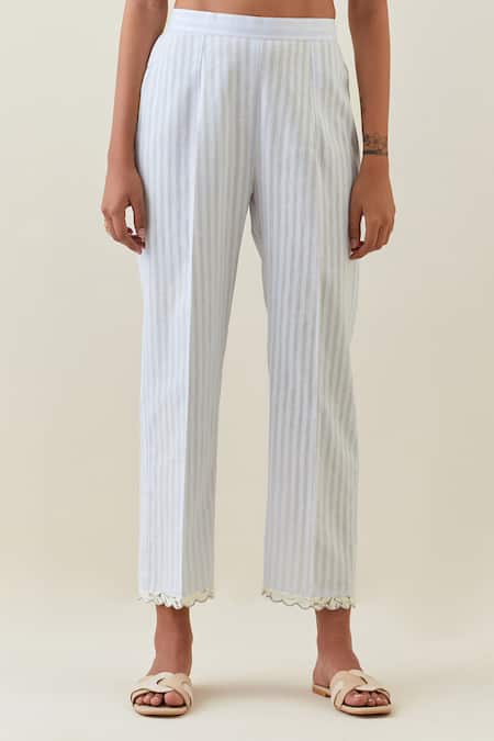 Anantaa By Roohi_Purple Cotton Split V-neck Botanical Work Kurta And Pant Set _Online_at_Aza_Fashions