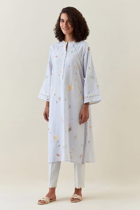 Buy_Anantaa By Roohi_Purple Cotton Split V-neck Botanical Work Kurta And Pant Set _Online_at_Aza_Fashions