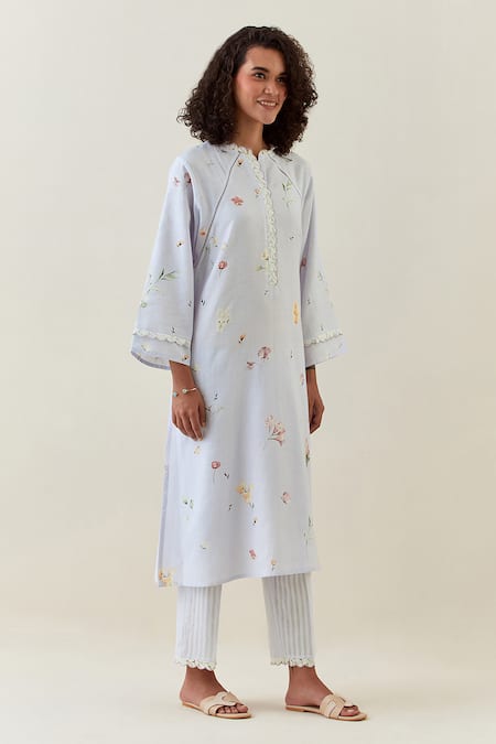 Shop_Anantaa By Roohi_Purple Cotton Split V-neck Botanical Work Kurta And Pant Set _Online_at_Aza_Fashions