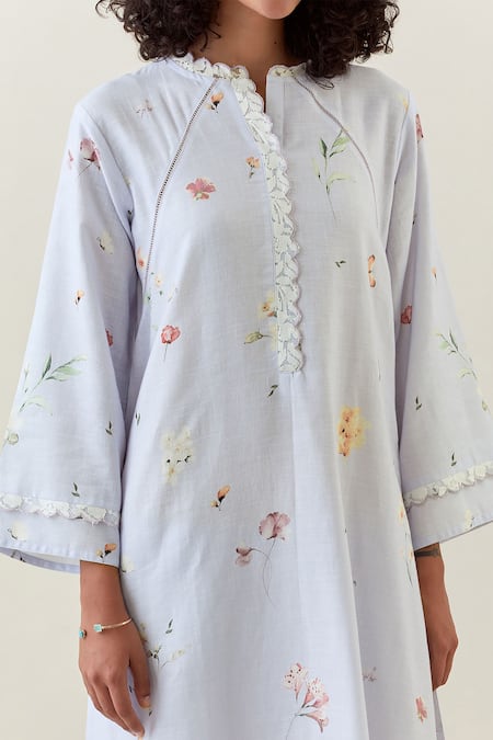 Anantaa By Roohi_Purple Cotton Split V-neck Botanical Work Kurta And Pant Set _at_Aza_Fashions