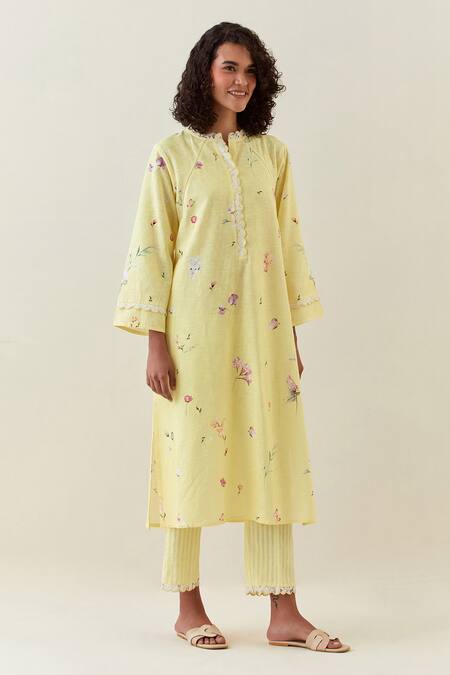 Shop_Anantaa By Roohi_Yellow Cotton Embroidery Split Botanical Print Full Sleeve Kurta And Pant Set _Online_at_Aza_Fashions