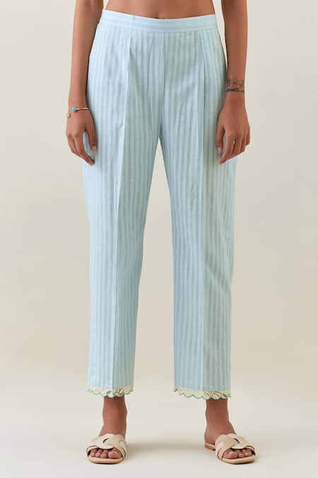 Anantaa By Roohi_Blue Cotton, Linen Embroidery Full Sleeve Botanical Print Kurta And Pant Set _Online_at_Aza_Fashions