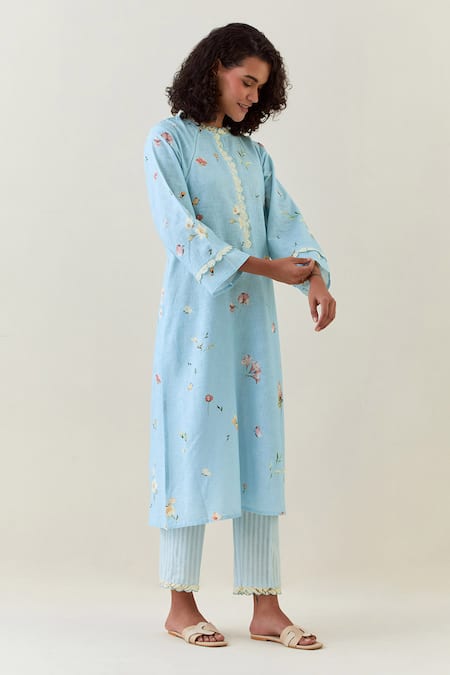 Shop_Anantaa By Roohi_Blue Cotton, Linen Embroidery Full Sleeve Botanical Print Kurta And Pant Set _Online_at_Aza_Fashions