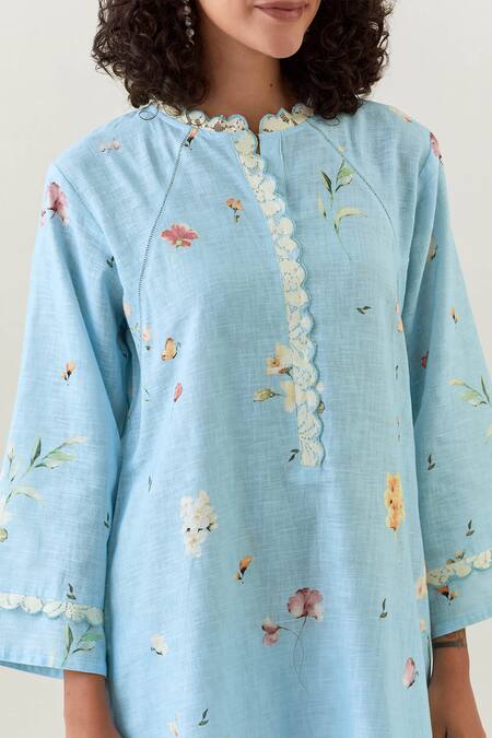 Anantaa By Roohi_Blue Cotton, Linen Embroidery Full Sleeve Botanical Print Kurta And Pant Set _at_Aza_Fashions