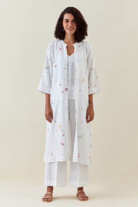 Buy Anantaa By Roohi White Cotton Bandeau Neck, Botanical Print Jacket Pant Set at Aza Fashions Buy_Anantaa By Roohi_White Cotton Bandeau Neck, Botanical Print Jacket Pant Set _at_Aza_Fashions