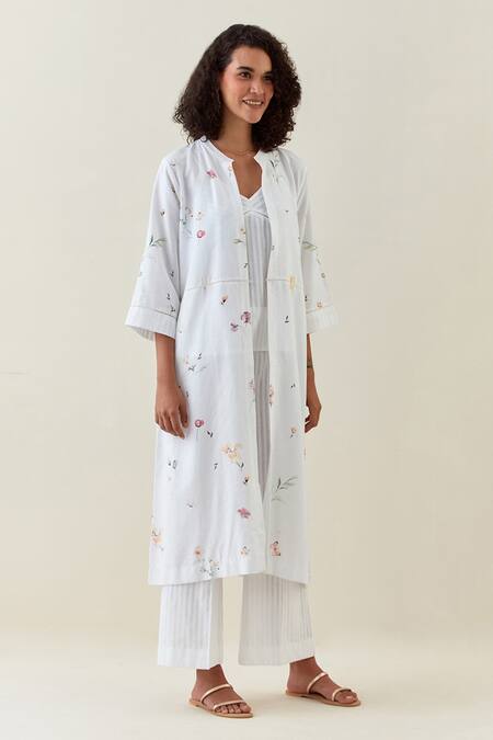 Anantaa By Roohi White Cotton Bandeau Neck, Botanical Print Jacket Pant Set at Aza Fashions Anantaa By Roohi_White Cotton Bandeau Neck, Botanical Print Jacket Pant Set _at_Aza_Fashions