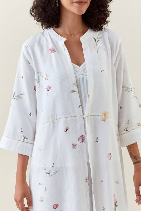 Buy Anantaa By Roohi White Cotton Bandeau Neck, Botanical Print Jacket Pant Set Buy_Anantaa By Roohi_White Cotton Bandeau Neck, Botanical Print Jacket Pant Set