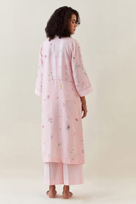 Shop Anantaa By Roohi Pink Cotton Embroidery Bandeau Neck, Botanical Pattern Jacket Pant Set at Aza Fashions Shop_Anantaa By Roohi_Pink Cotton Embroidery Bandeau Neck, Botanical Pattern Jacket Pant Set _at_Aza_Fashions