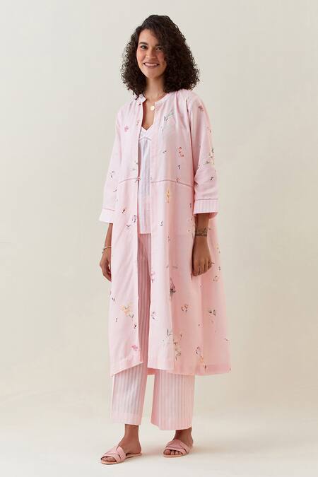 Anantaa By Roohi Pink Cotton Embroidery Bandeau Neck, Botanical Pattern Jacket Pant Set at Aza Fashions Anantaa By Roohi_Pink Cotton Embroidery Bandeau Neck, Botanical Pattern Jacket Pant Set _at_Aza_Fashions